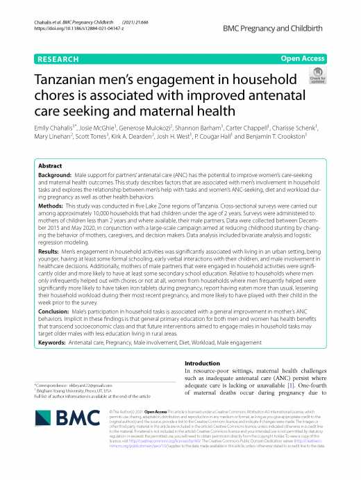 Tanzanian men’s engagement in household chores is associated with improved antenatal care seeking and maternal health