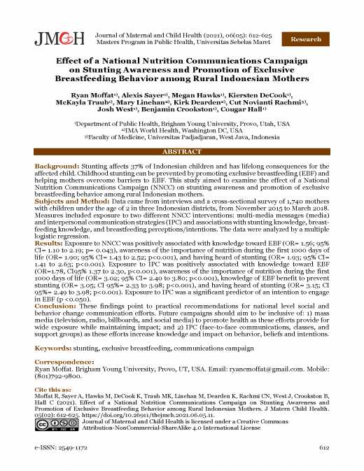 Effect of a National Nutrition Communications Campaign on Stunting Awareness and Promotion of Exclusive Breastfeeding Behavior among Rural Indonesian Mothers