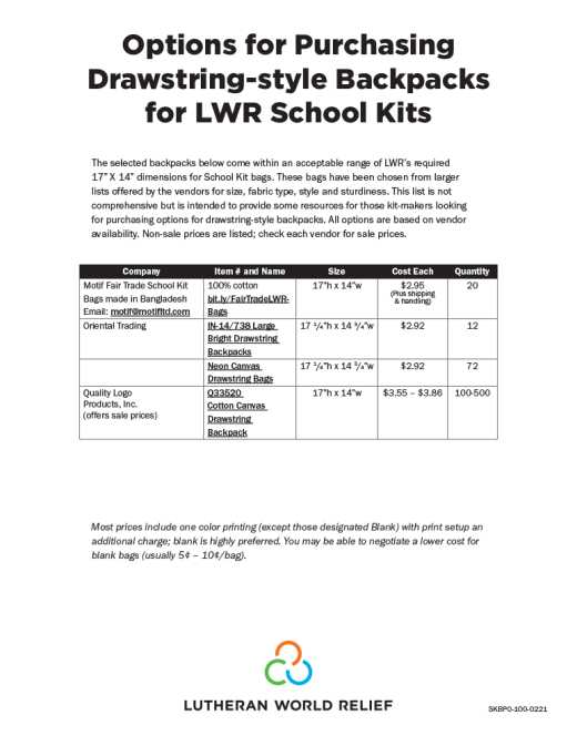 School Kit Bag Purchase Options